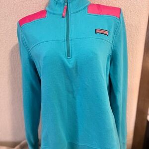Vineyard Vines Turquoise Quarter-Zip Pullover with Pink Accents